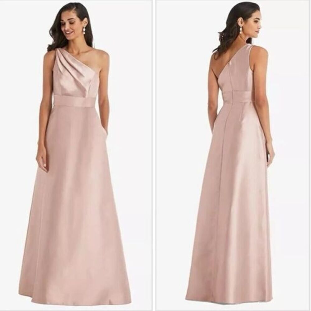 New! Alfred Sung Draped One-Shoulder Satin Maxi Dress in Toasted Sugar, size 14R